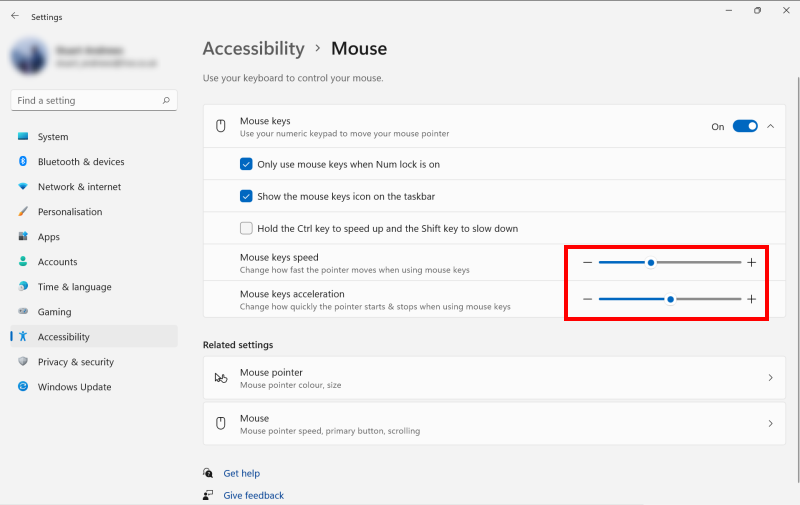 Adjust the Mouse keys speed and Mouse keys acceleration sliders until you're comfortable with the current settings
